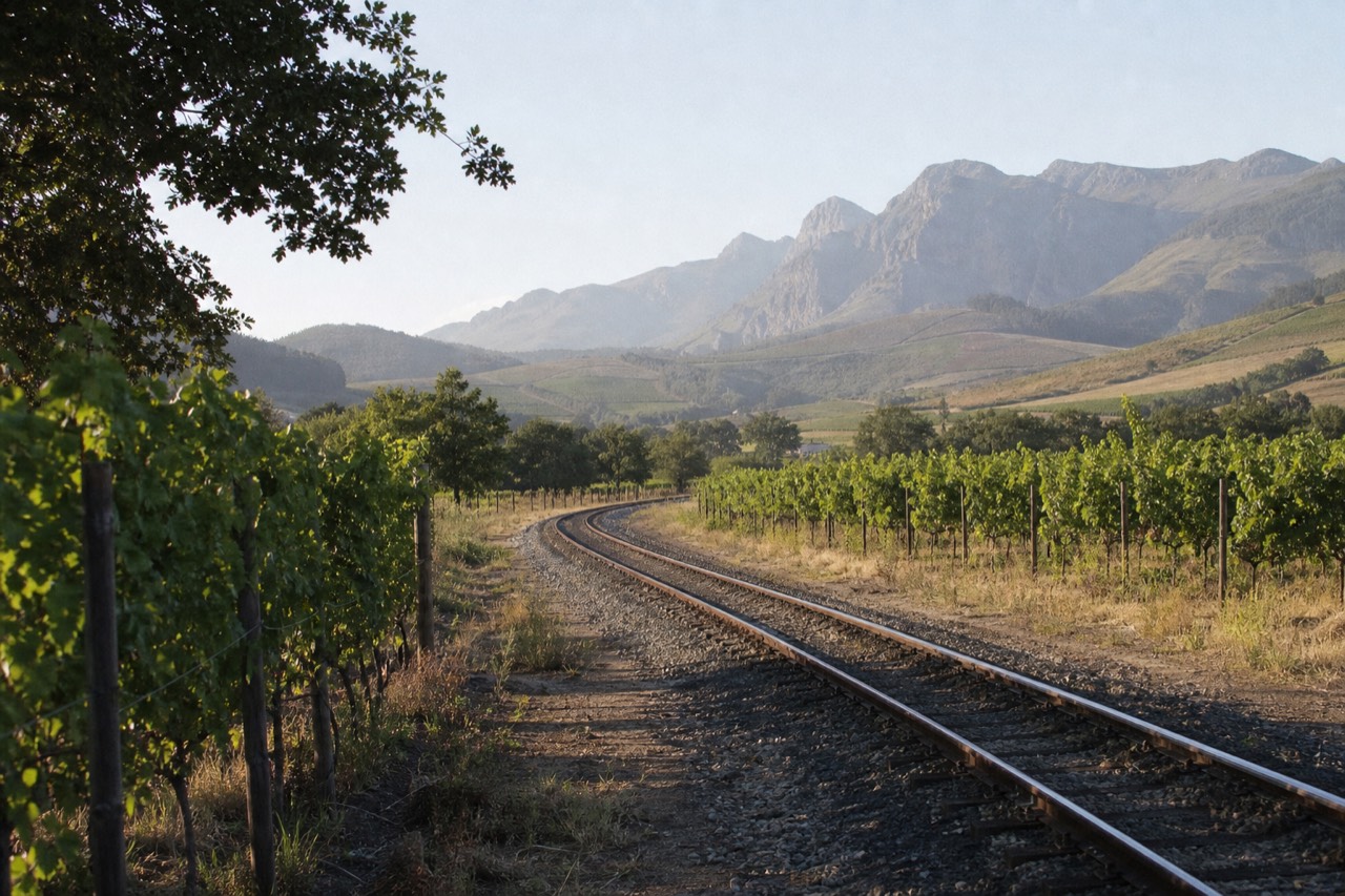 Franschhoek valley vineyard rows and mountain backdrop, no text, no logos, no people