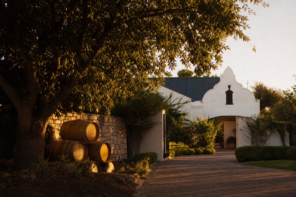 A quiet cellar door entrance with barrels stacked along a stone wall, no text, no logos, no people