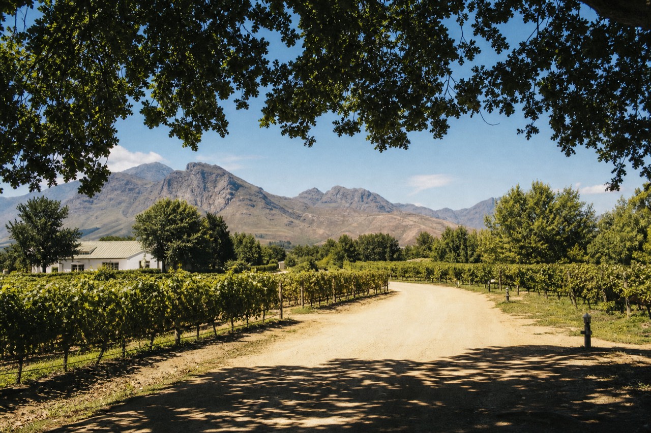 A vineyard road winding toward mountains in the Cape Winelands, no text, no logos, no people