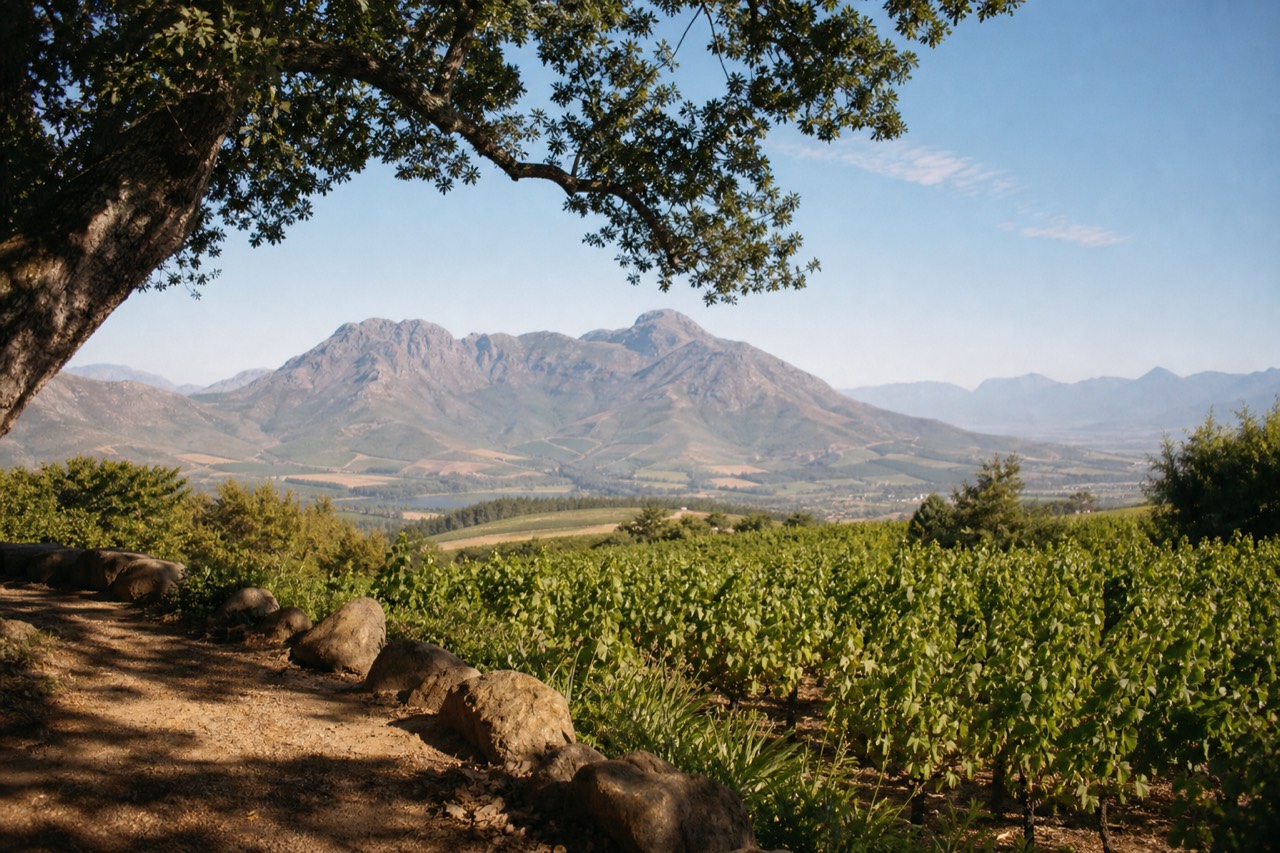 Vineyard-covered slopes above the Franschhoek valley at midday, no text, no logos, no people.