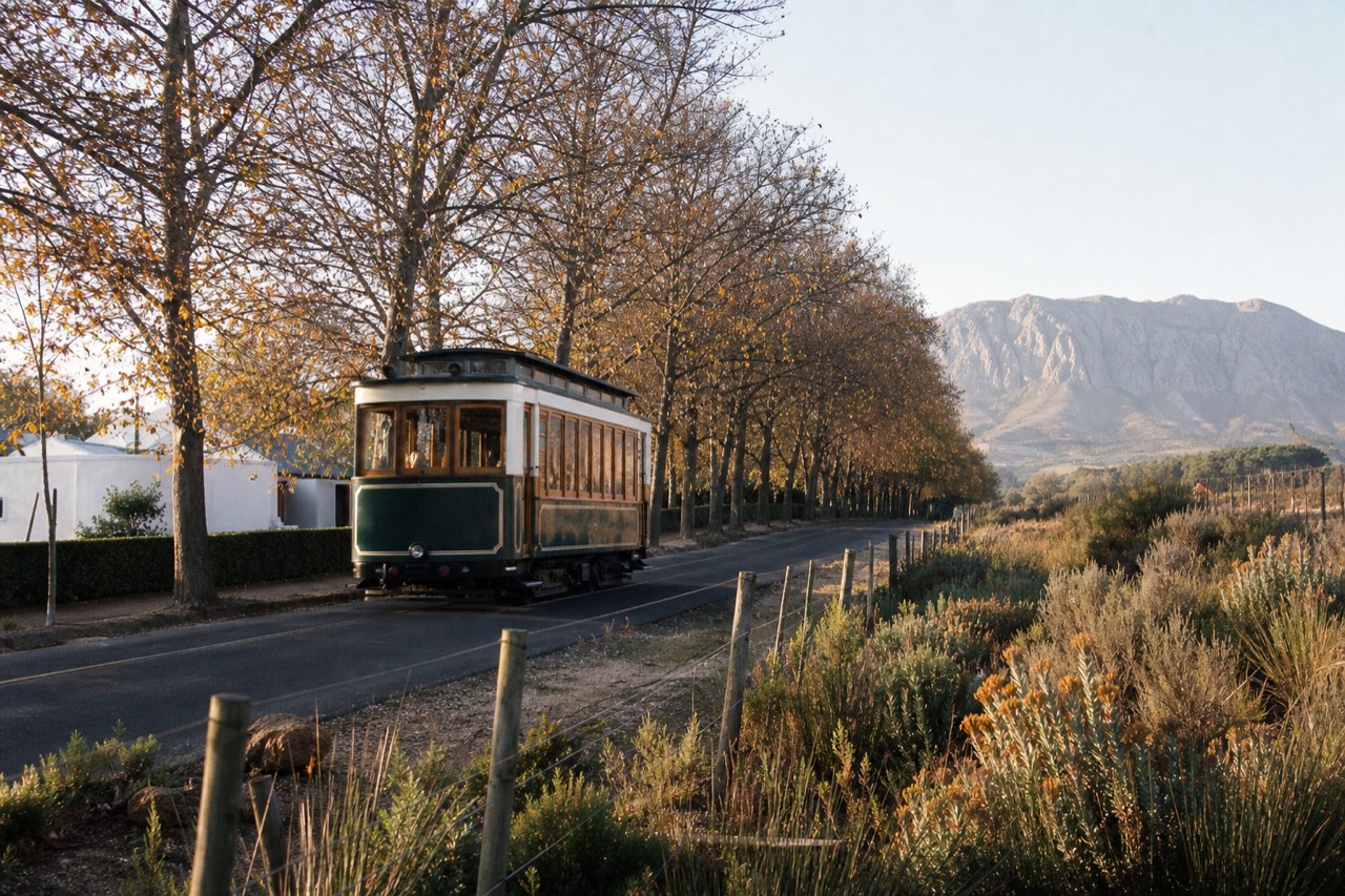 Vintage-style tram travelling a tree-lined road between Franschhoek wine estates, no text, no logos, no people