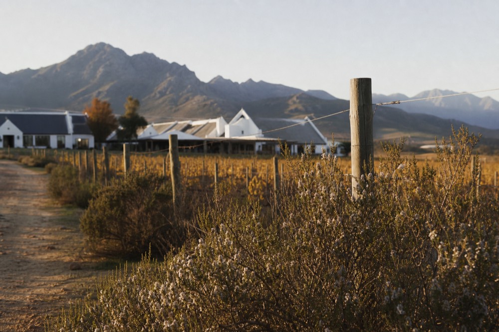 Vineyard estate buildings backed by mountains in the Cape Winelands, no text, no logos, no people