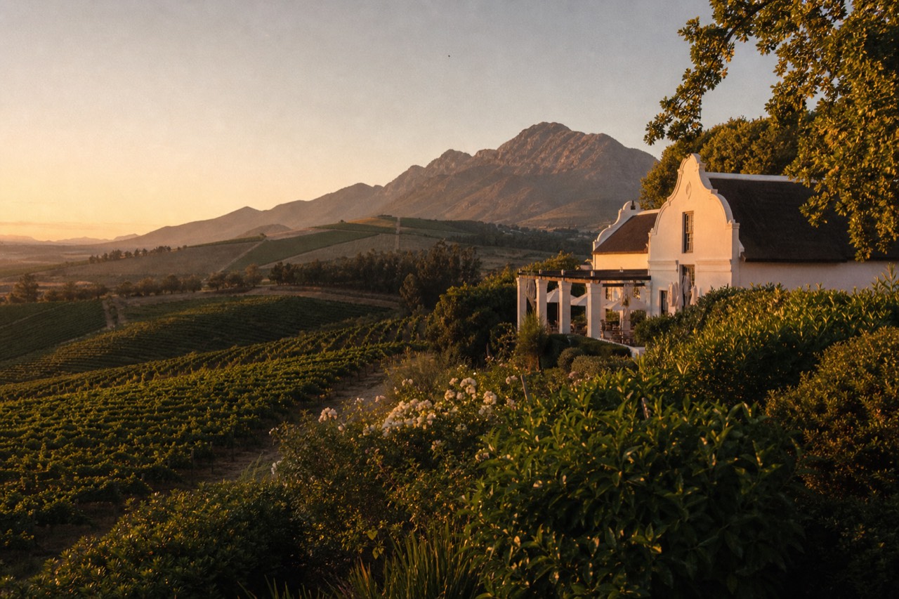 Vineyard rows on hillsides near Cape Town, no text, no logos, no people