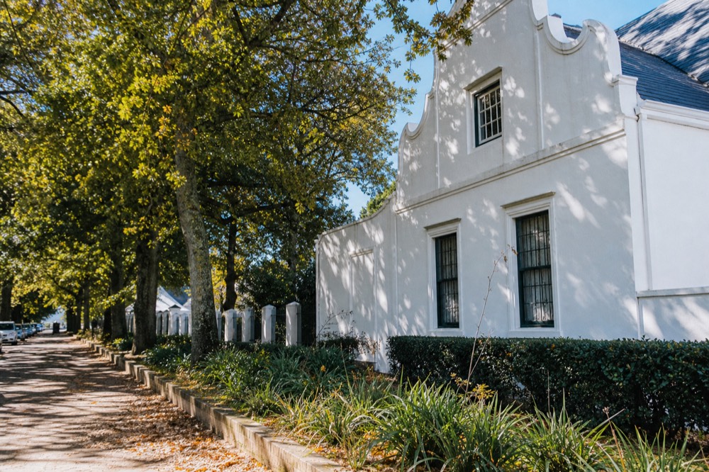 Cape Dutch gabled building on a tree-lined street in Stellenbosch, no text, no logos, no people