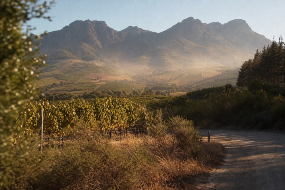 Mountain pass road winding toward Franschhoek valley vineyards under clear sky, no text, no logos, no people