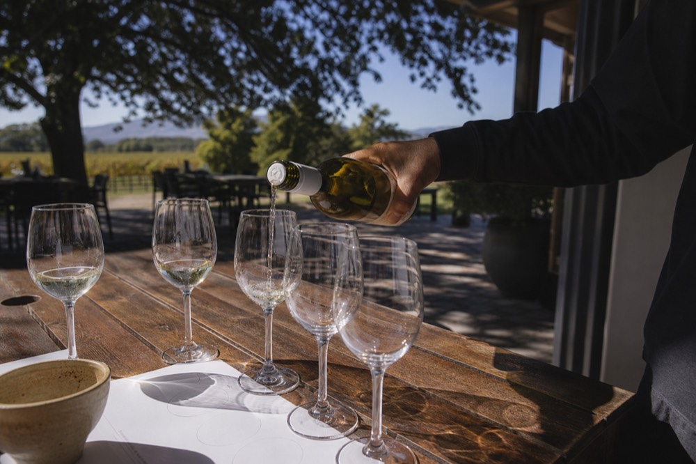 A guide pouring wine for a tasting flight at a cellar door, no text, no logos, no people