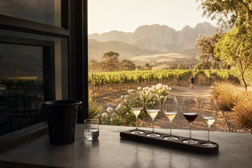 A spittoon and water glass beside a tasting flight on a cellar counter, no text, no logos, no people