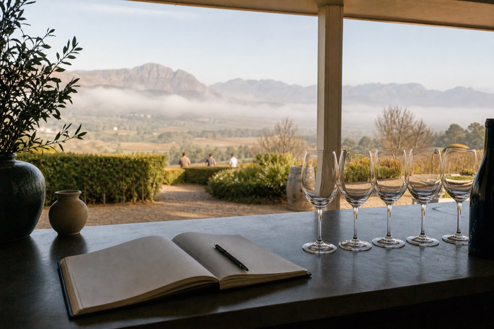 A reservation book and glasses arranged on a small estate tasting counter, no text, no logos, no people