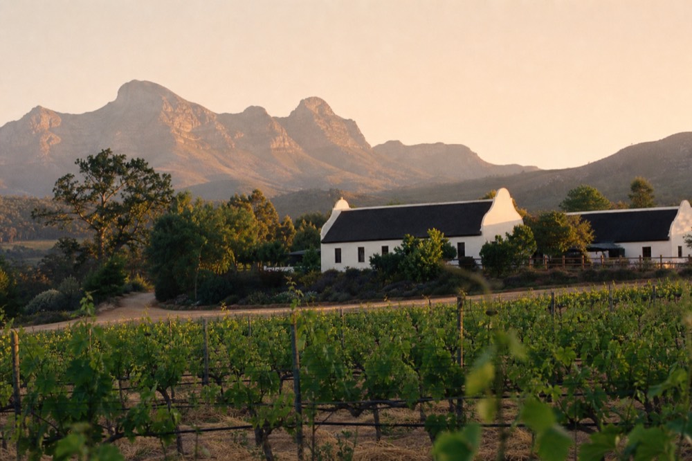 Vineyard rows in spring light with mountains behind, no text, no logos, no people