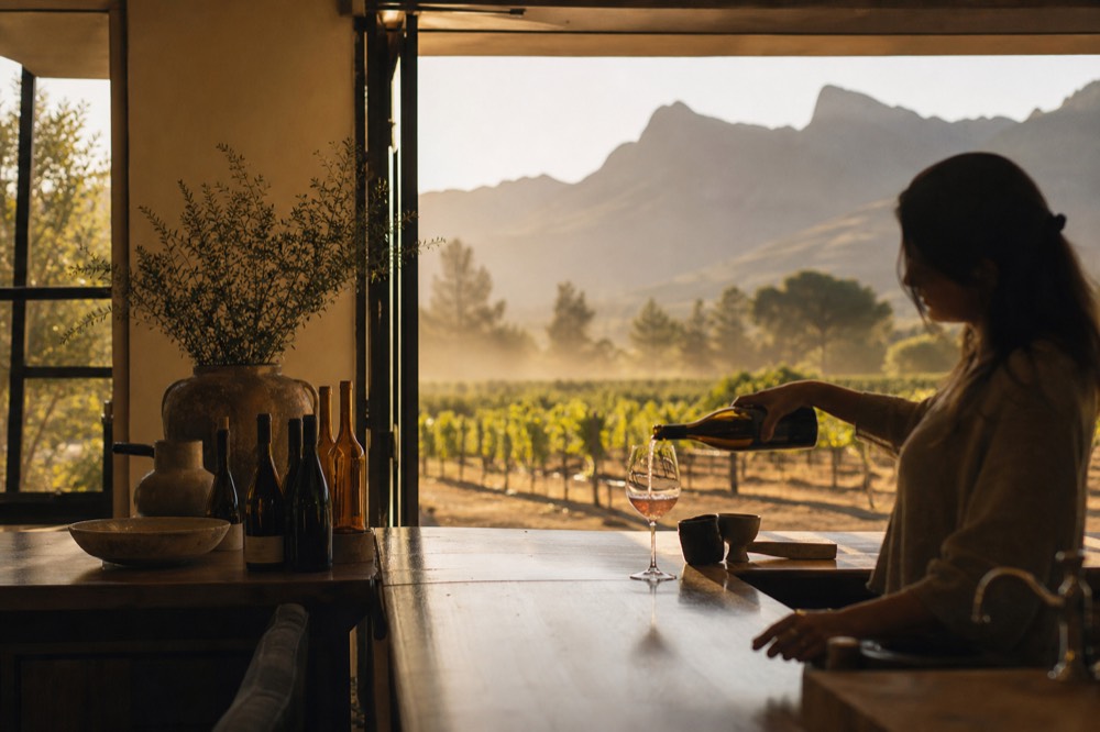 Tasting room host pouring wine behind a counter, no text, no logos, no people