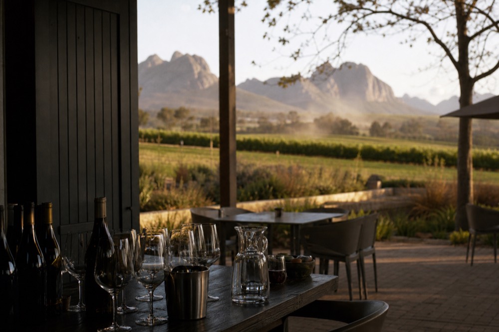 Wine bottles and glasses arranged on a tasting room table, no text, no logos, no people