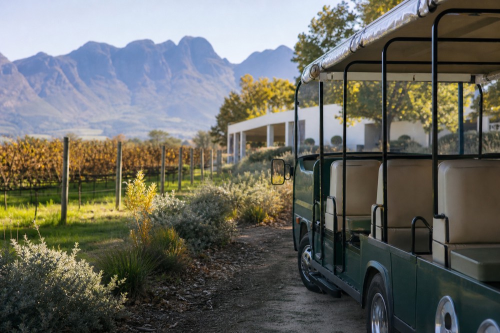 Open-air tram-bus parked at a Franschhoek wine estate, no text, no logos, no people