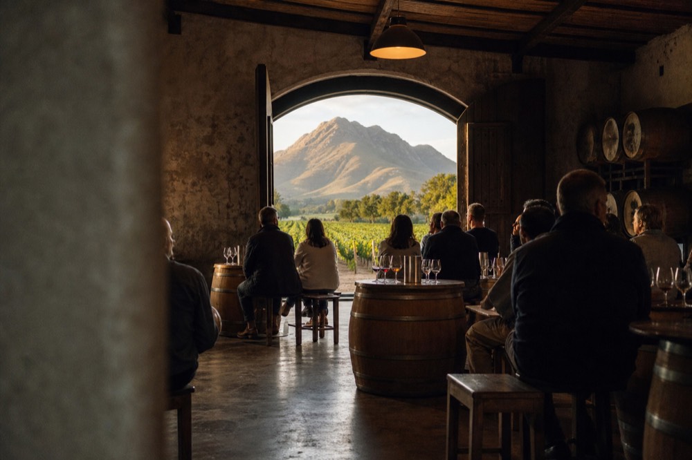 Guided tasting group seated around barrels in a cellar, no text, no logos, no people