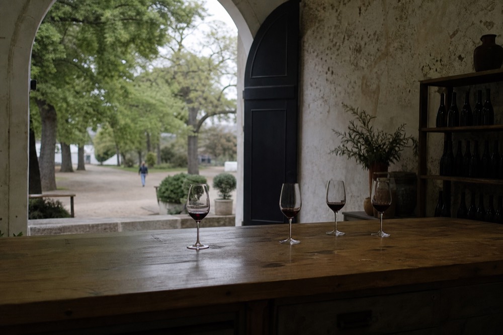 A cellar door tasting room with glasses of red wine on a wooden counter, no text, no logos, no people