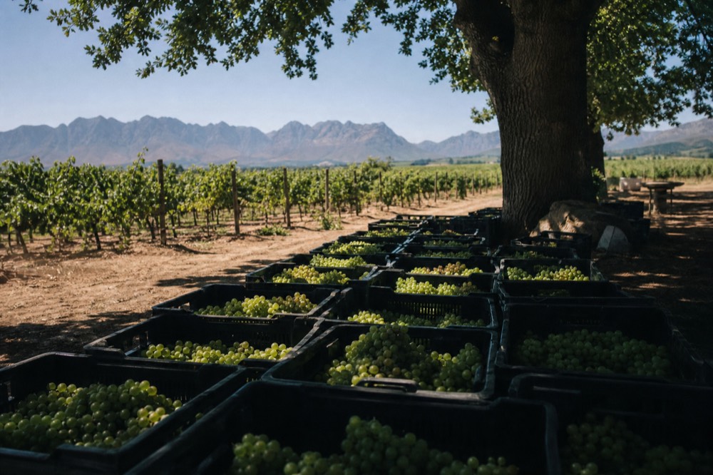 Vineyard workers' harvest crates filled with freshly picked grapes, no text, no logos, no people
