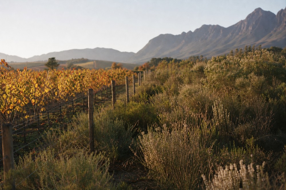 A row of vineyards with autumn colours and mountains behind, no text, no logos, no people