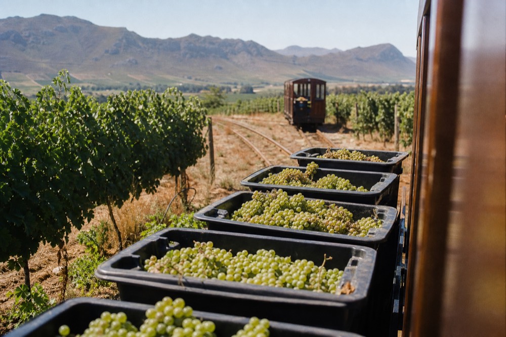 Harvest bins full of grapes in a vineyard, no text, no logos, no people