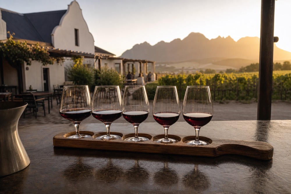 Wooden tasting flight of red wines on a cellar counter, no text, no logos, no people