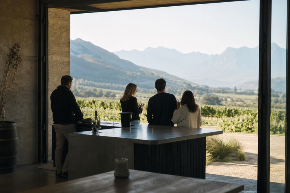 Small group standing at a cellar door tasting counter with wine glasses, no text, no logos, no people