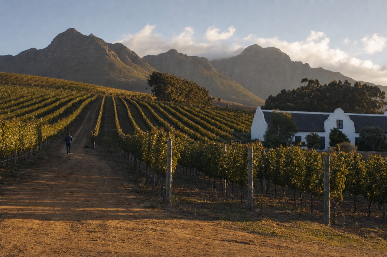 Vineyard rows climbing a Stellenbosch hillside toward the Simonsberg mountains, a whitewashed Cape Dutch gable farmhouse at the edge of the vines